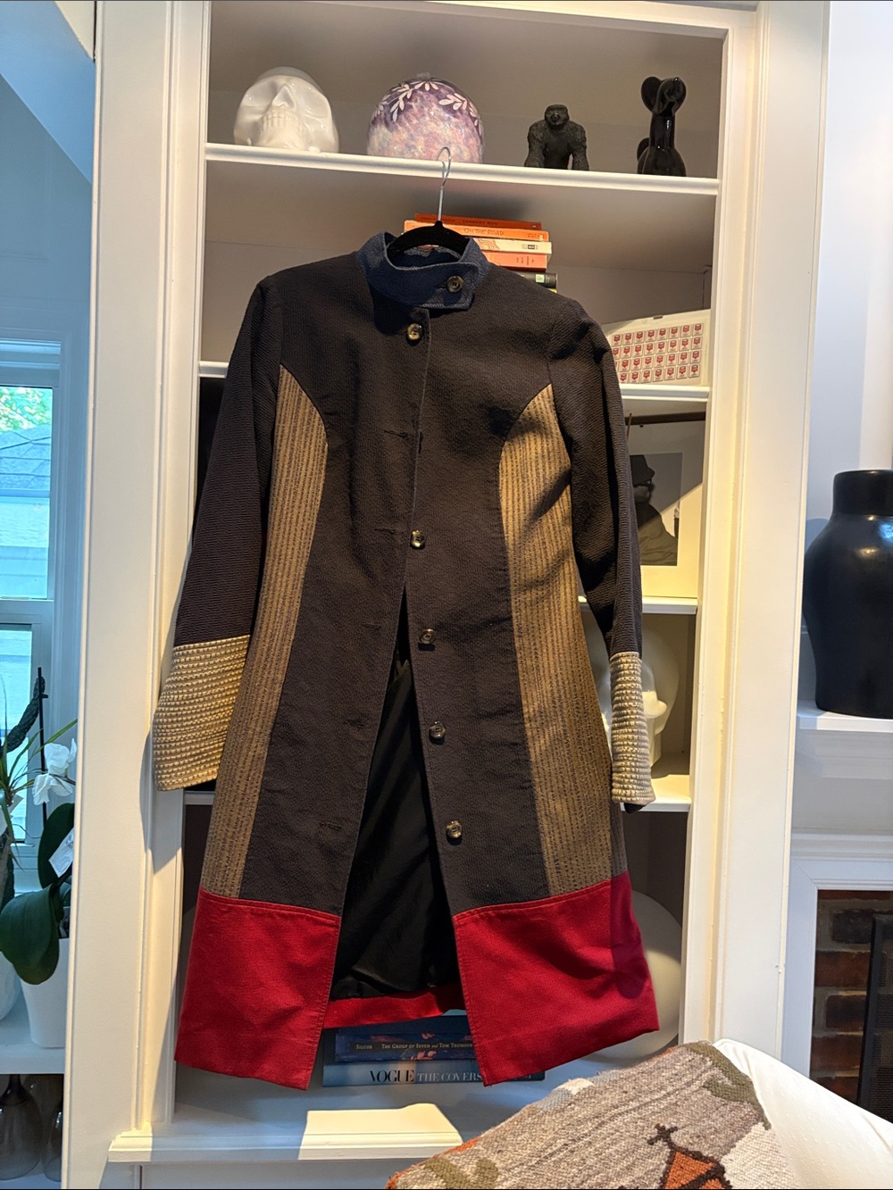Men's Colorblock Long Trench Coat — Black with Tan and Red Accents